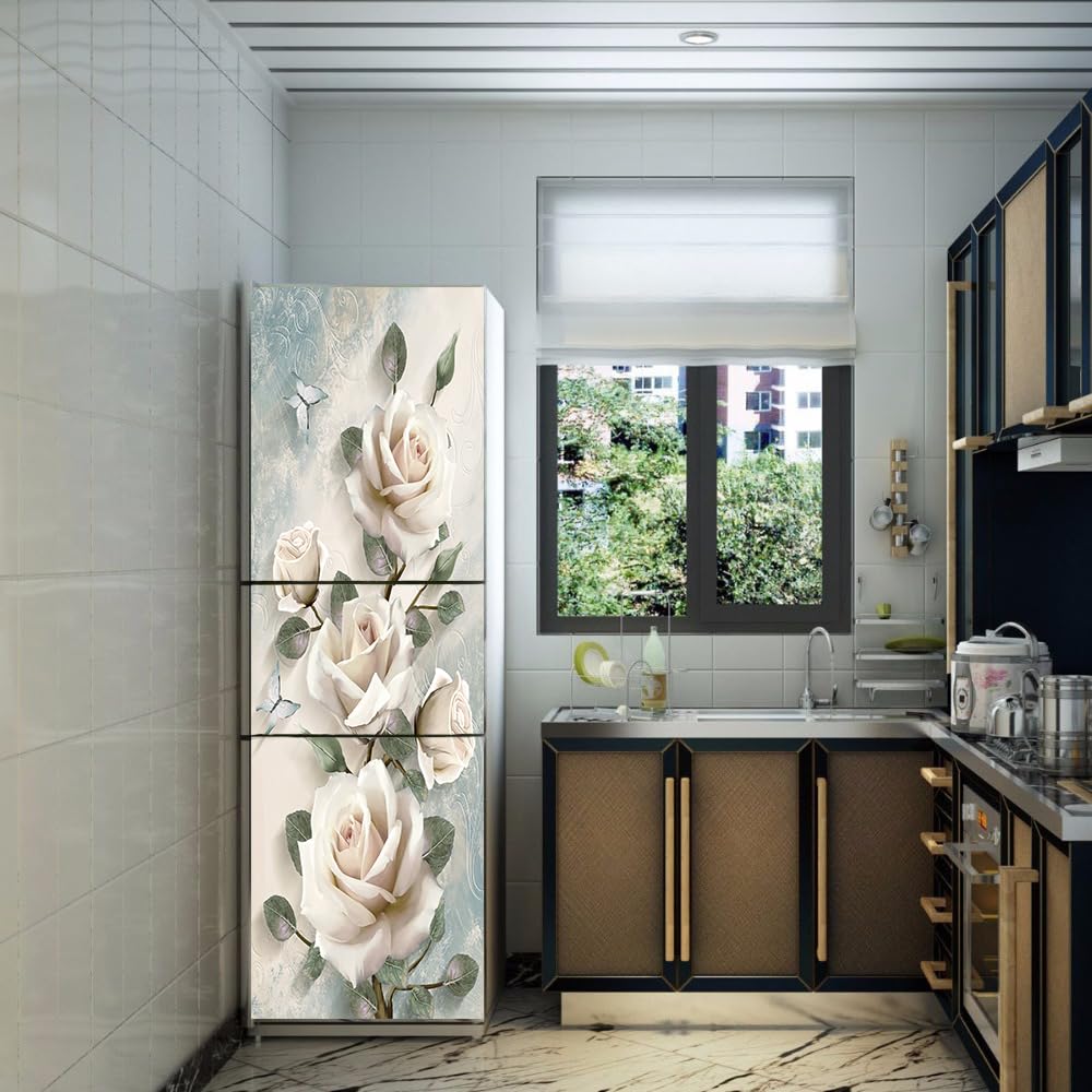 film décoratif pour réfrigérateurs, Stickers muraux for porte de réfrigérateur, motif pivoine blanche, recouvrant entièrement la(S: 60x150 cm)