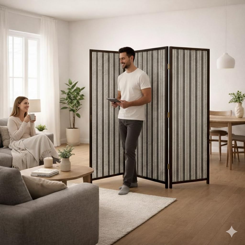 Vital 4-Panel Room Divider | Folding Privacy Screen for Bedroom & Living Room | Portable Freestanding Partition Wall | Rattan-Look Panels | Wood-Finish Frame (A2)|Brown&white