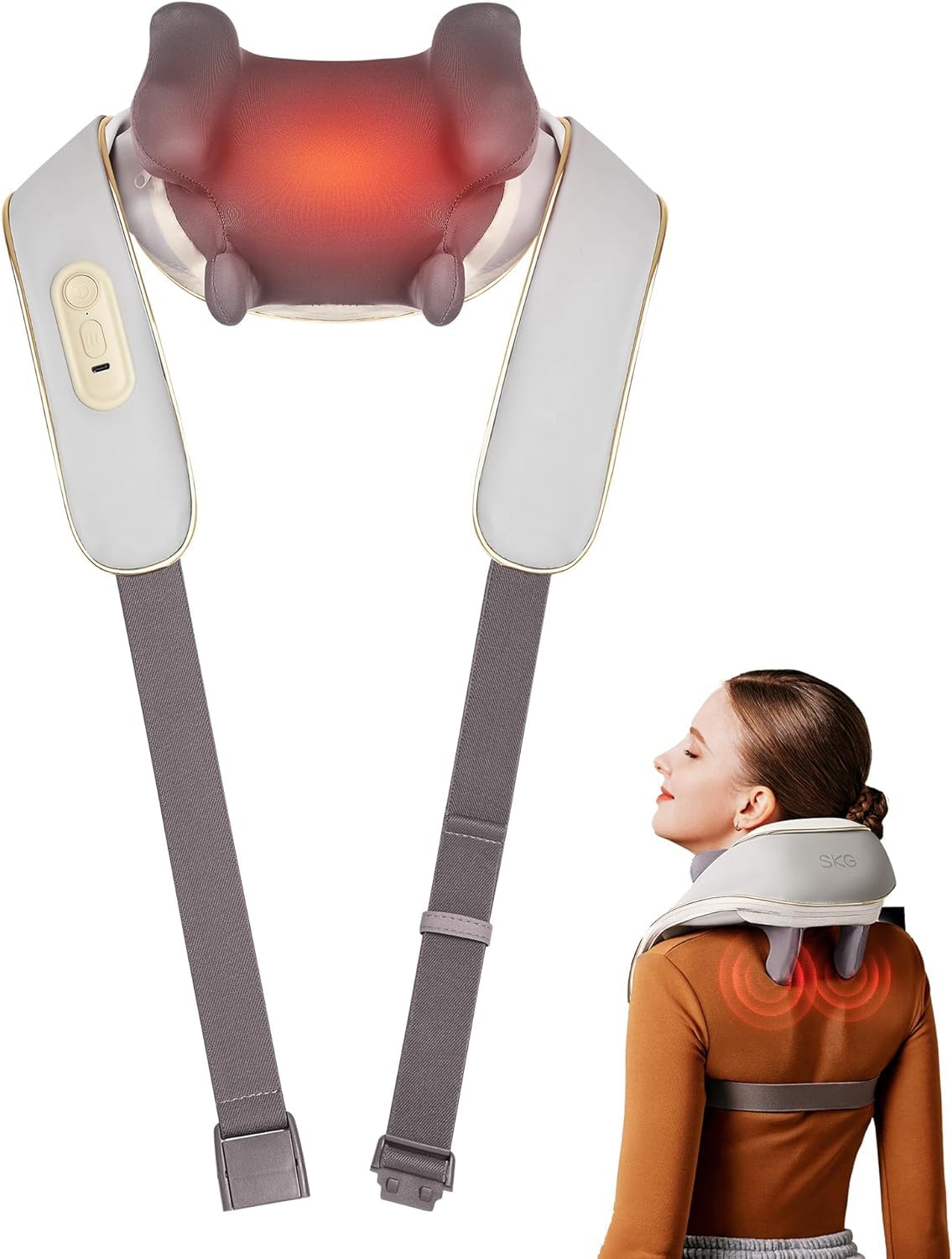 SKG H5 Mini Taşınabilir Omuz ve Boyun Masaj Aleti, Shiatsu Yoğurma Fonksiyonu, Isıtmalı Masaj, Yıkanabilir Kumaş, Kablosuz Tasarım, Type-C Şarjlı, Ev/Ofis/Araba Kullanımına Uygun