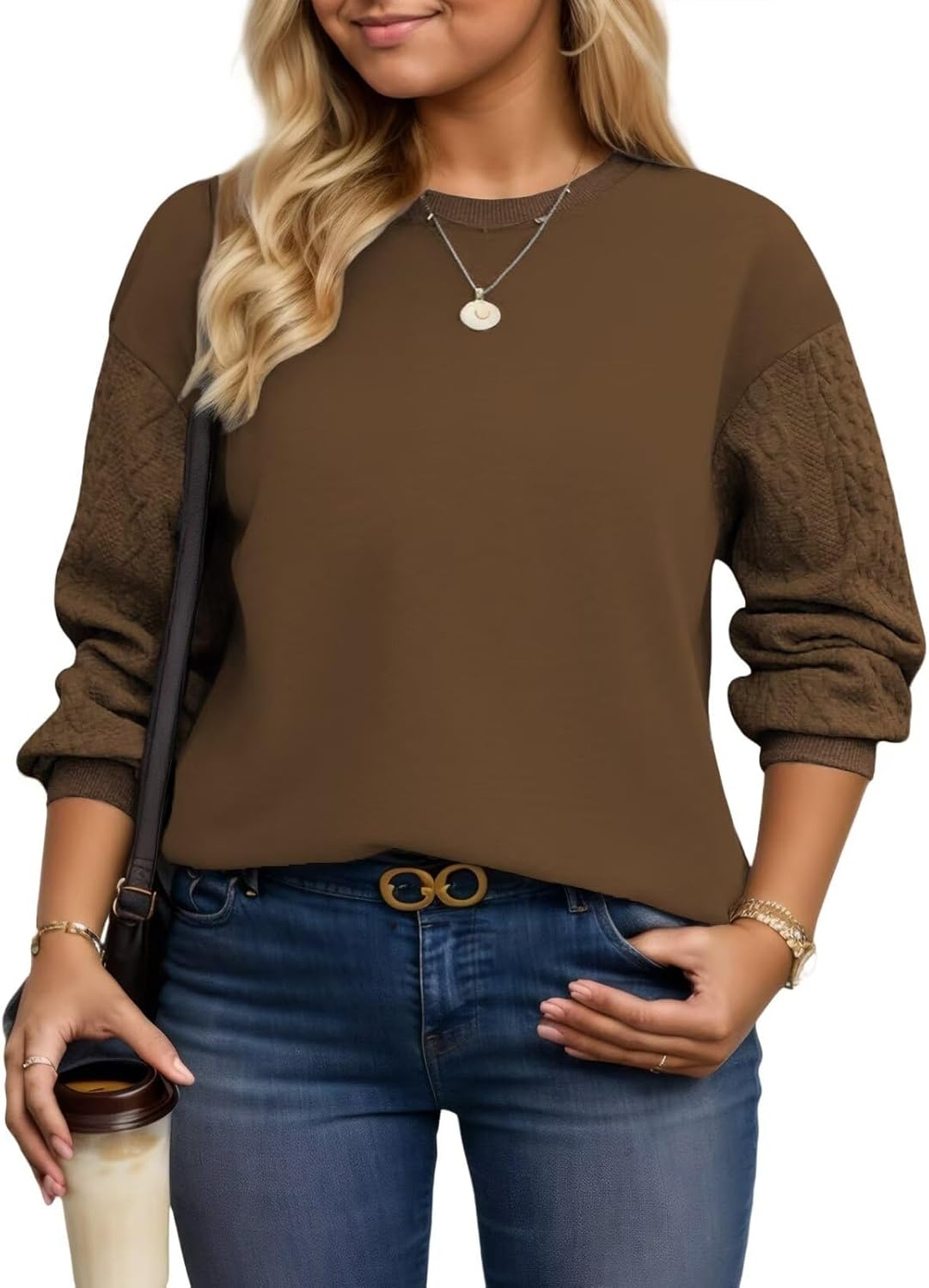 DOLNINE Plus-Size-Sweatshirts for Women Casual Crewneck Tops Cable Knit Sleeve Loose Fit Pullover Shirts XL-5XL - Image 2
