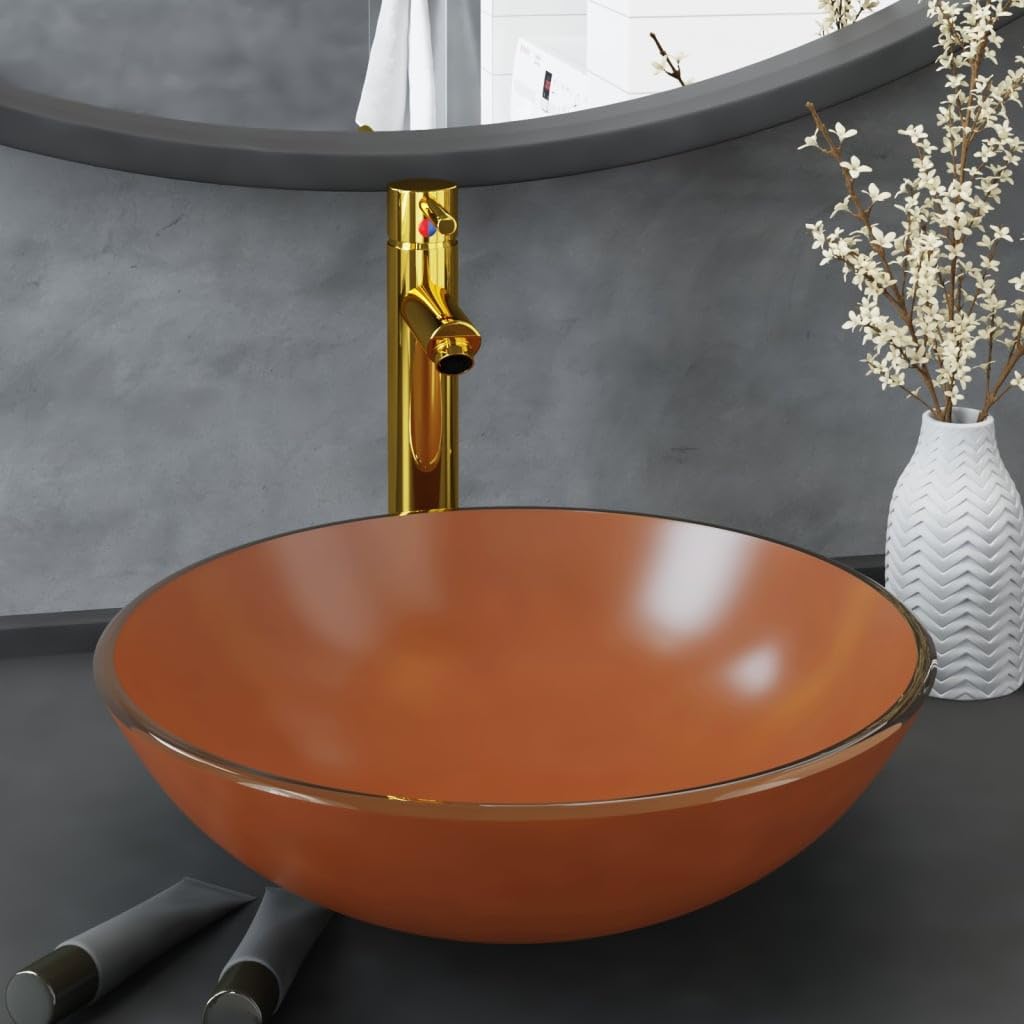 Lavabo de cristal con grifo y desagüe, redondo, marrón y dorado | Lavabo de cristal templado para baño con grifo y válvula de desagüe en color marrón y dorado.