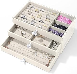 صندوق مجوهرات اكريليك شفاف مكون من 3 أدراج اكستراولكسوريا منظم مخملي للخواتم والقلائد والاقراط والاساور علبة عرض هدايا للنساء والفتيات أبيض وبيج