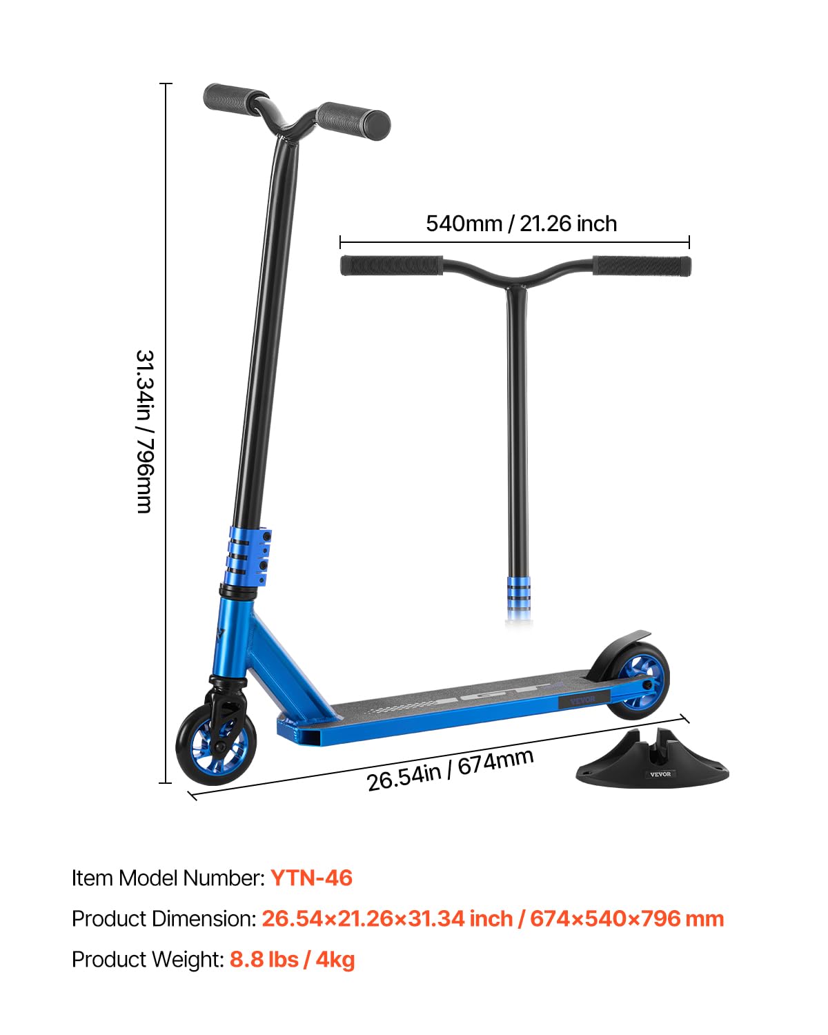VEVOR Monopattino Acrobatico 674 x 540 x 796 mm Monopattino Completo per Bambini, Adolescenti e Adulti, Dotato di Ruote PU Silenziose da 100 mm Ponte in Alluminio Leggero a Doppio Strato