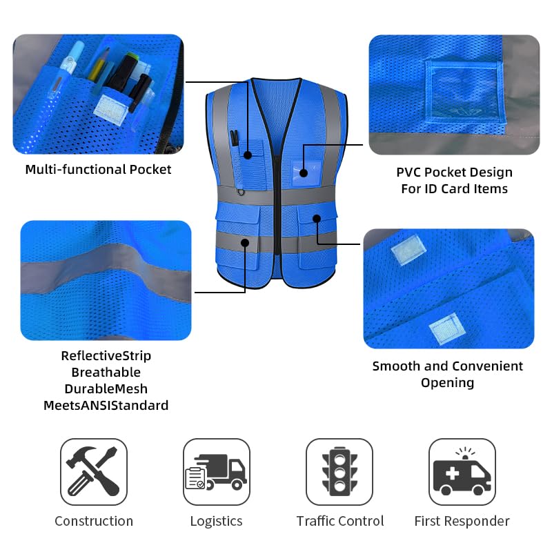 Image of High Visibility Safety Vest with Reflective Strips & Pockets | High Visibility | 360 Reflective Strips | 5 Pockets | Zipper Front | Lightweight Polyester | ANSI /ISEA 107 Class 2 Type R