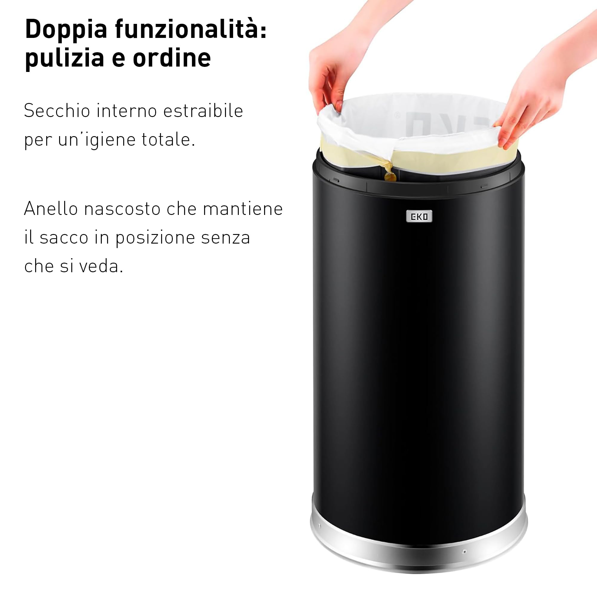 EKO Pattumiera 30L Eternal Nero Opaco Acciaio Inossidabile Uso Commerciale, per Interni ed Esterni, Pattumiera in Metallo Extra Large per Casa Ufficio Secchio Interno in Metallo.