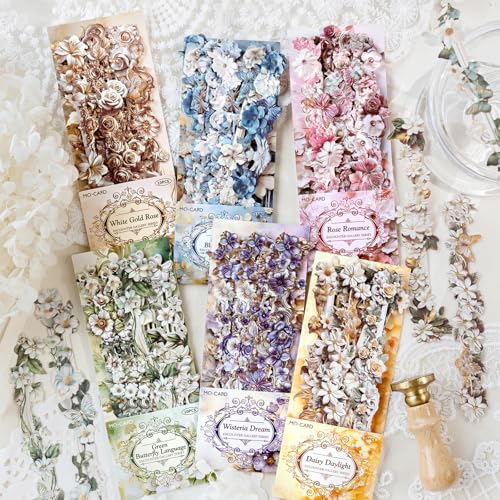 Retro Relief Flower Long Strip Scrapbook Stickers Aesthetic Flowers Strip Border Stickers For Journaling Supplies Decorative Collage Scrapbook Paper Flower Stickers For Scrapbooking Scrapbook Supplies