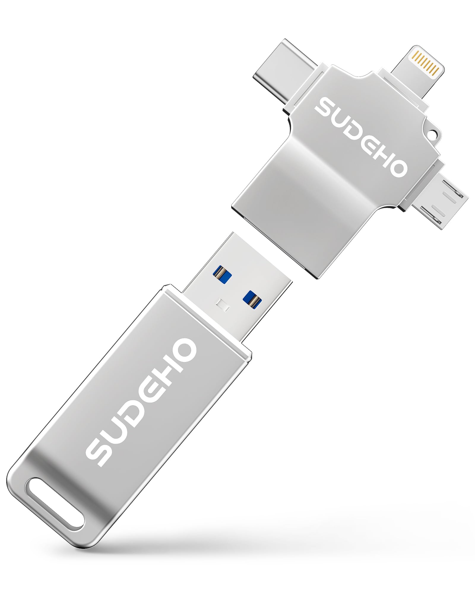 SUDEHO MFi USB Stick 256GB für iPhone, 4-in-1 Metall-Speicherstick, Silber | Flash-Laufwerk mit USB 3.0 High-Speed, für iPad, Android, PC, Mac, Backup von Fotos, Videos, Musik, Plug und Play