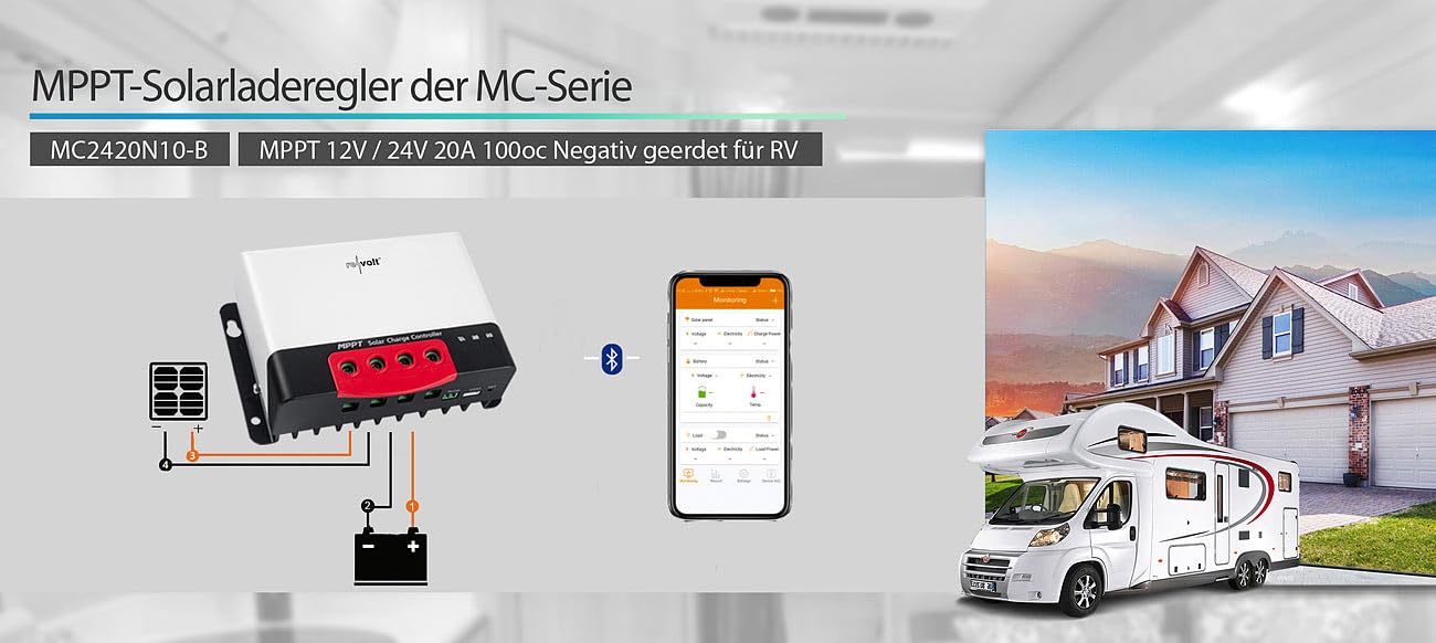 revolt Regolatore di carica solare MPPT 12/24 V, 20 A, Bluetooth e app