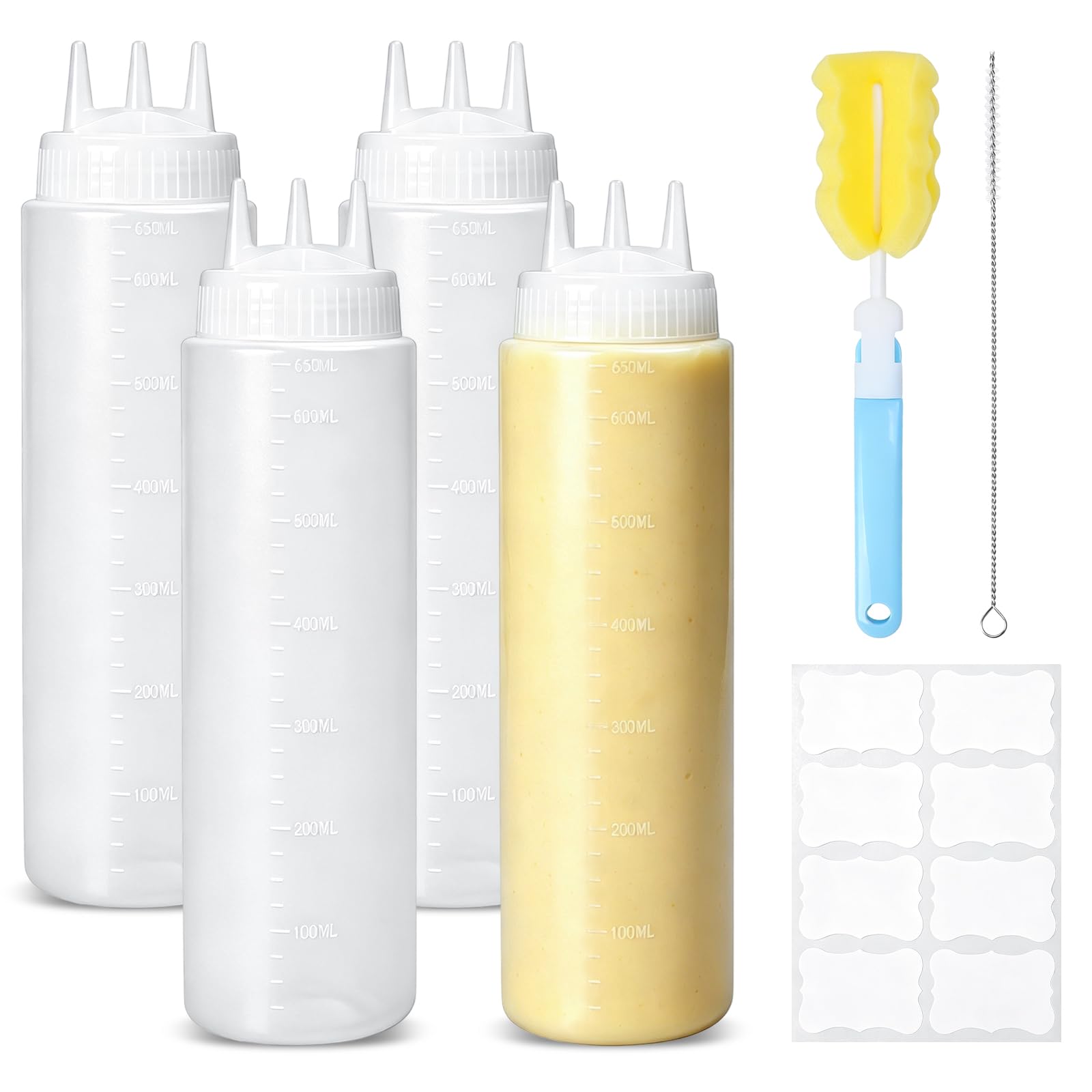 COEWUR 4 Pk Squeeze Sauce Bottle, 650ml/23oz Plastic 3 Hole Squirt Bottle
