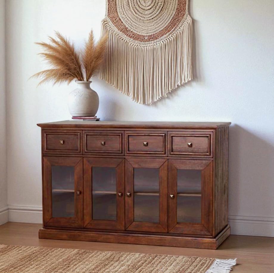 Image of The Attic Francisco Sideboard, Multipurpose Cabinet for Kitchen and Living Room Storage, Crockery Storage, Solid Sheesham Wood, Honey Matte Finish