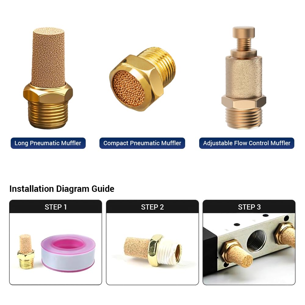 Lot de 5 silencieux pneumatiques, filetage mâle 3/8", en laiton fritté, plat, pour compresseurs d'air industriels et outils d'atelier automobile.