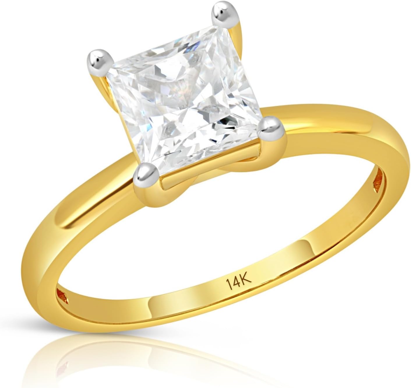 MAX + STONE 1.5 Carat Princess Cut Cubic Zirconia Solitaire Engagement Ring for Women in Solid 14k White or Yellow Gold 5.5 mm Square CZ Ring Size 5 to 9