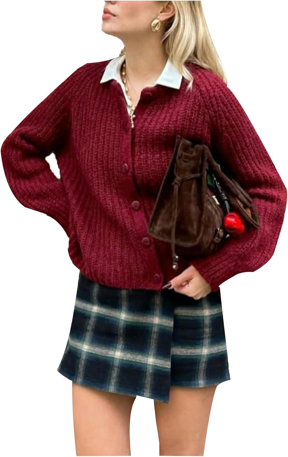 SHENHE Women's Chunky Knit Cardigan Button Down Crew Neck Lightweight Knit Sweater Jacket