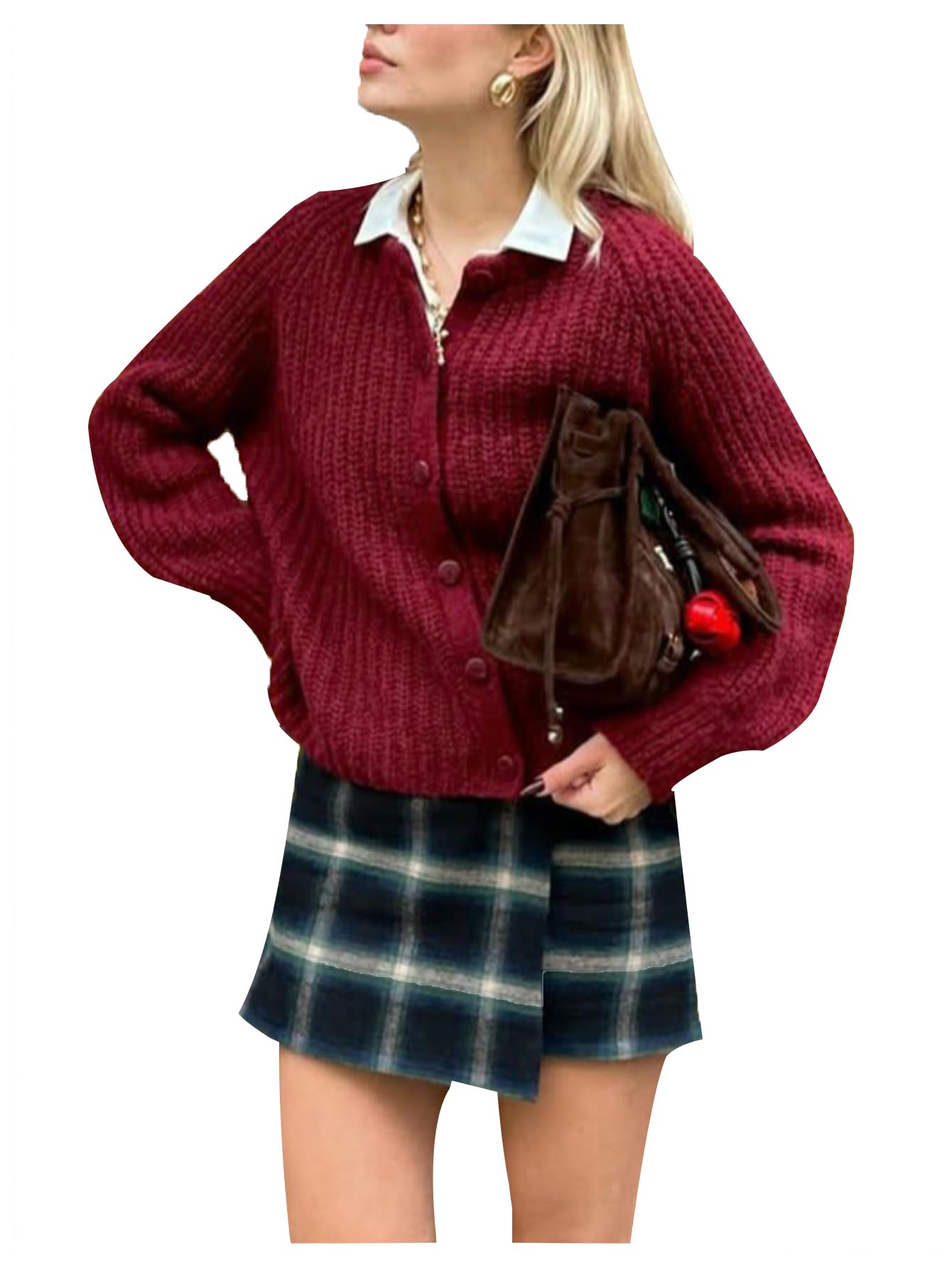 SHENHE Womens Chunky Knit Cardigan Button Down Crew Neck Lightweight Knit Sweater Jacket