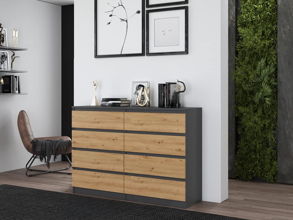 ADGO Malwa M8 140 Kommode mit 8 Schubladen 138x97x40cm, Klassischer Schrank mit Regalen für Schlafzimmer Wohnzimmer Kinderzimmer Tief Freistehend Platzsparend (Versand in 3 Packs) (Anthrazit/Artisan)