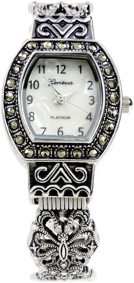 STC Silver Black Vintage Style Marcasite Rectangle Face Bangle Cuff Watch for Women - Image 2