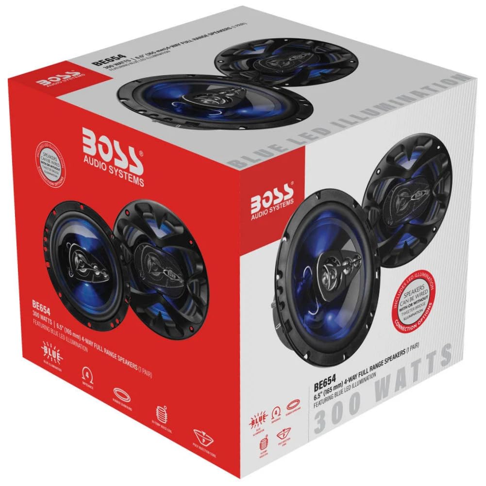 ZESTAW DO BOSS AUDIO SYSTEMS BE654 2 głośników koncentrycznych 4-drożny 6,5" 16,5 cm, 150 W RMS, maks. 300 W, 4 omy, niebieska dioda LED, gumowe zawieszenie, za parę + akcesoria gratis