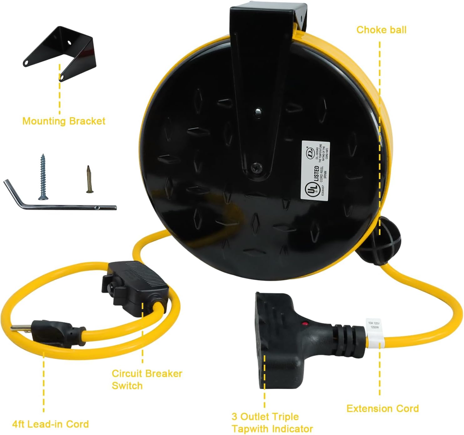 30 Ft Retractable Extension Cord Reel, 16/3 SJTW Power Cord with 3 Electrical Outlets, Ceiling or Wall Mount, 10 Amp Circuit Breaker, Metal Plate, UL Listed, Yellow
