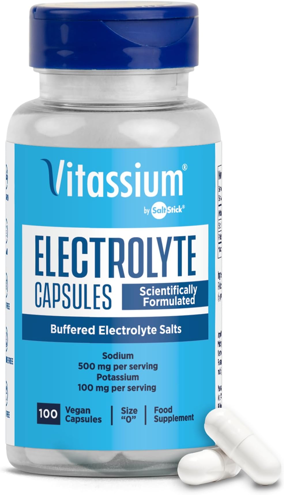 Vitassium Electrolyte Capsules – High-Sodium Electrolyte Supplement with Potassium (Unflavoured, 100 Capsules, Size 0)