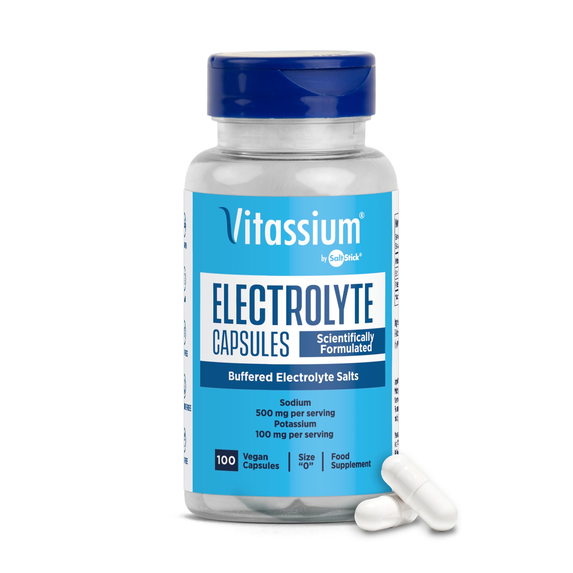 Vitassium Electrolyte Capsules – High-Sodium Electrolyte Supplement with Potassium (Unflavoured, 100 Capsules, Size 0)