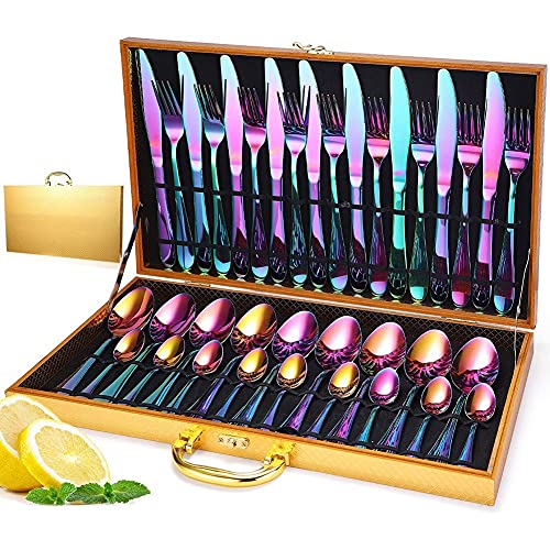 Ménagère 36 pièces en acier inoxydable multicolore avec boîte en bois