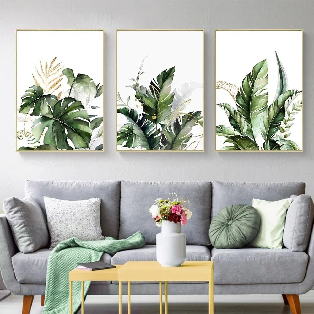 SOBMQ Poster-Abstract Simple Tropical Poster Green Plants Leaves Gold Flowers Wall Art Canvas Painting For Home Living Room Bedroom Decoration-50 * 70cm-3PCS (No Frame)