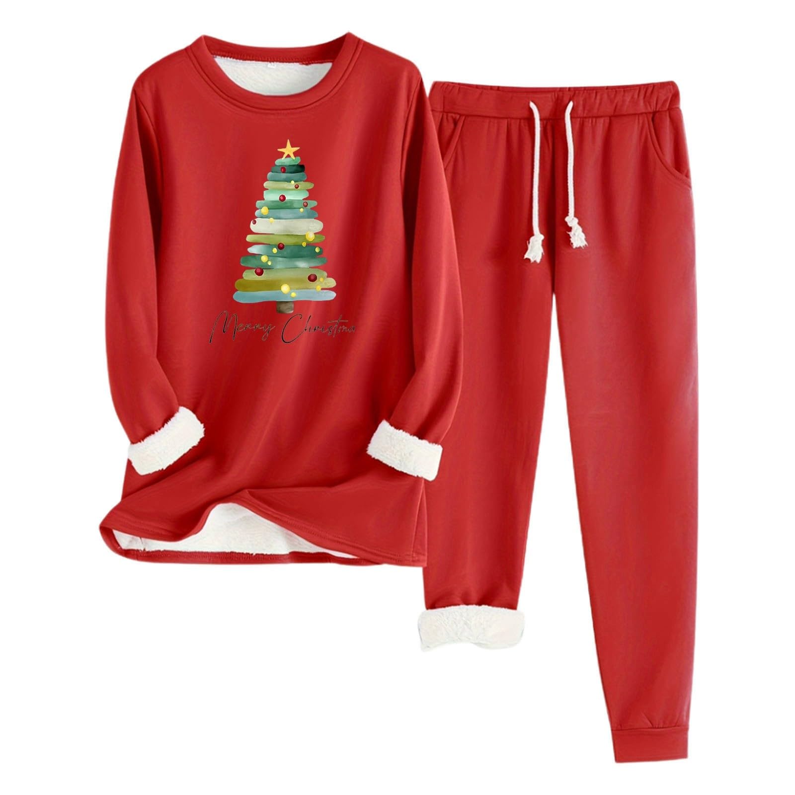 Damen Weihnachtsgrüner Baumdruck Herbst/Winter Komfort mit samtverdickender Textur Schlanke Hose Langarm Warmer Anzug