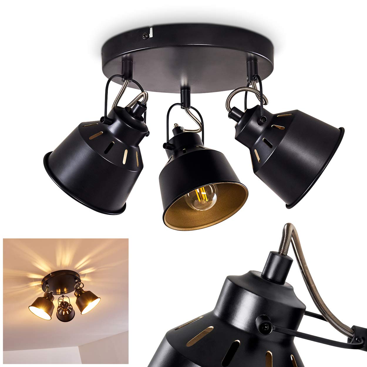 hofstein Ceiling lamp Safari, Round Metal Ceiling lamp in Black/Gold, 3-Flame, with Adjustable spotlights and Light Effect, 3 x E14-socket, Retro/Vintage Design spot, Without Bulbs