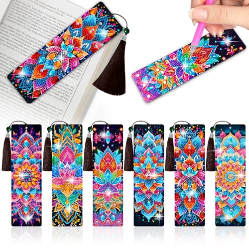 Wivico 6Pcs Diamond Art Painting Bookmarks Kits for Adults 7.9 * 2.4in Large PU Beginner DIY Paint By Numbers Kit with Tassels Made with 5D Gem Dot Craftsmanship for Bibliophile Gifts(Mandala)