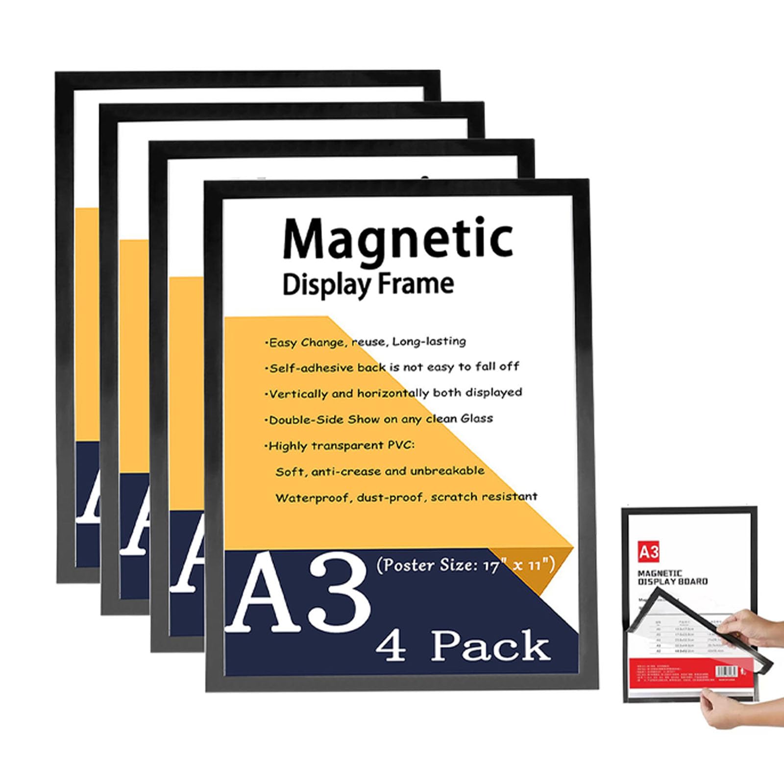 A3 Magnetic Frames Black 4Pack, 17x11" Self-Adhesive Magnetic a3 Display Frame, Magnet Picture frame for Photo, Painting, Documents, Strong Magnet paper Holder for Fridge,whiteboard,Glass or flat wall