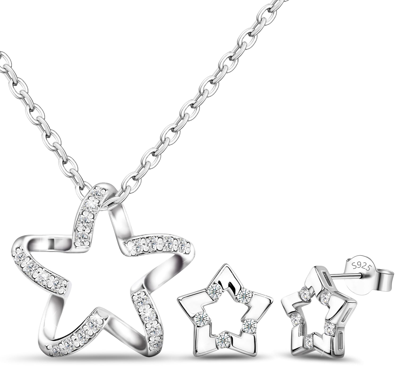 Trendy Star Stud Earrings & Sterling Silver CZ Pendant Necklace - Dainty Crystal Cartilage Earrings & Charm Necklace Everyday Jewelry Gifts