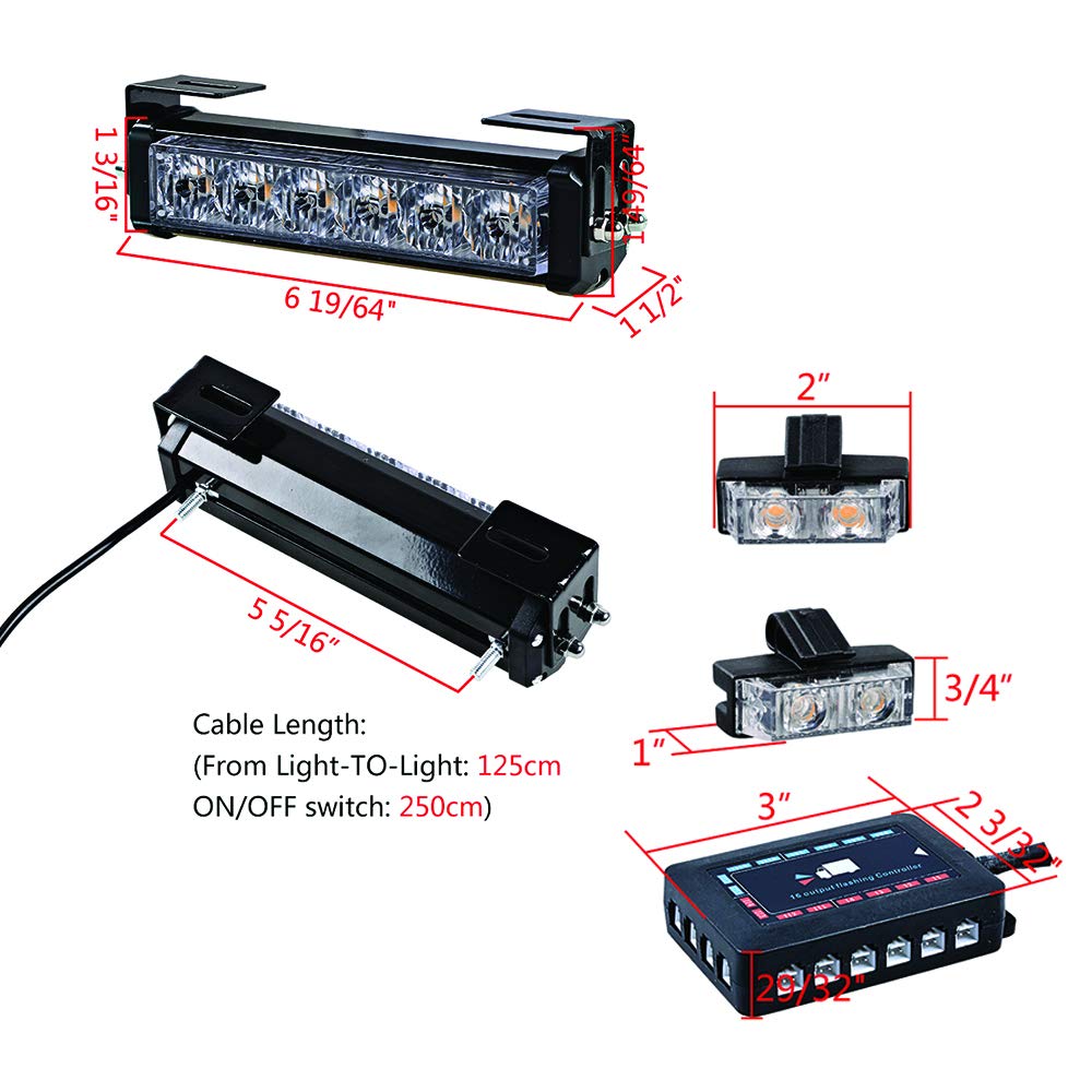 Astra Depot Combo 2pcs 6-LED Warning Strobe Light Bar Brackets and 16pcs 2-LED Flashing Lamp Car Truck SUV Boat (Amber)
