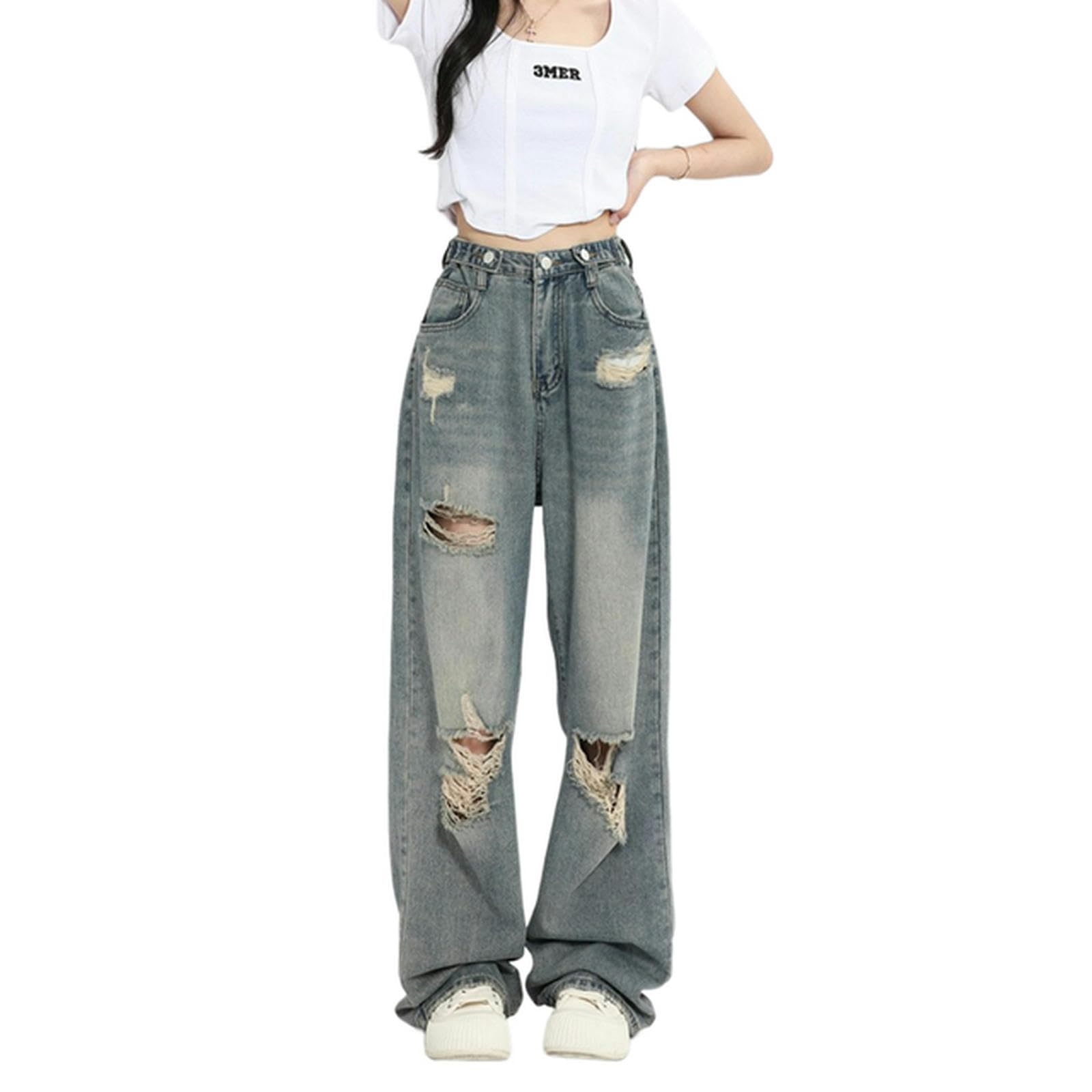 Amerikanischen Retro Vibe Stile Zerrissene Jeans Frauen Herbst Hohe Taille Gerade Lose High Street Breite Bein Demin Hosen Y2K Streetwear