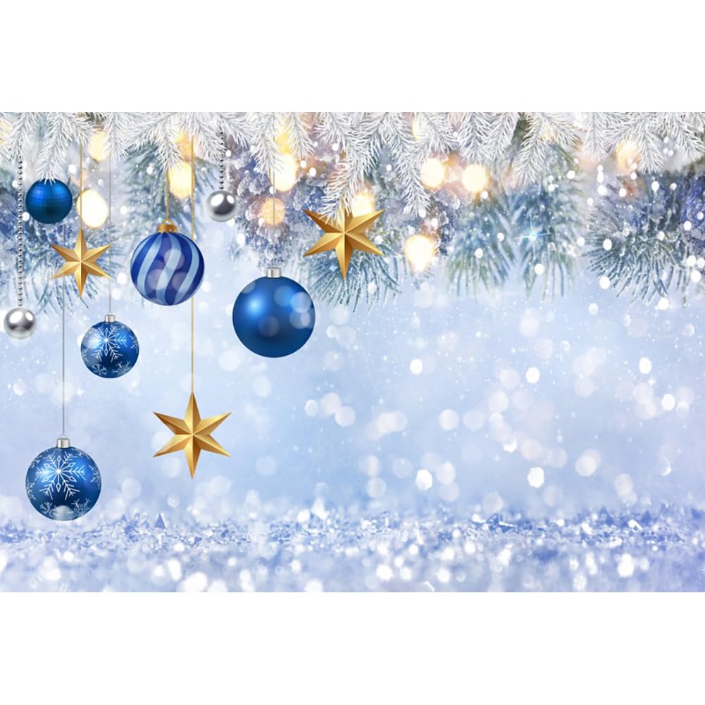 2,1 x 1,5 m sfondo natalizio con palline blu con stelle dorate sfondo fotografico argento glitter sfondo fotografico decorazioni per l'anno nuovo studio fotografico puntelli