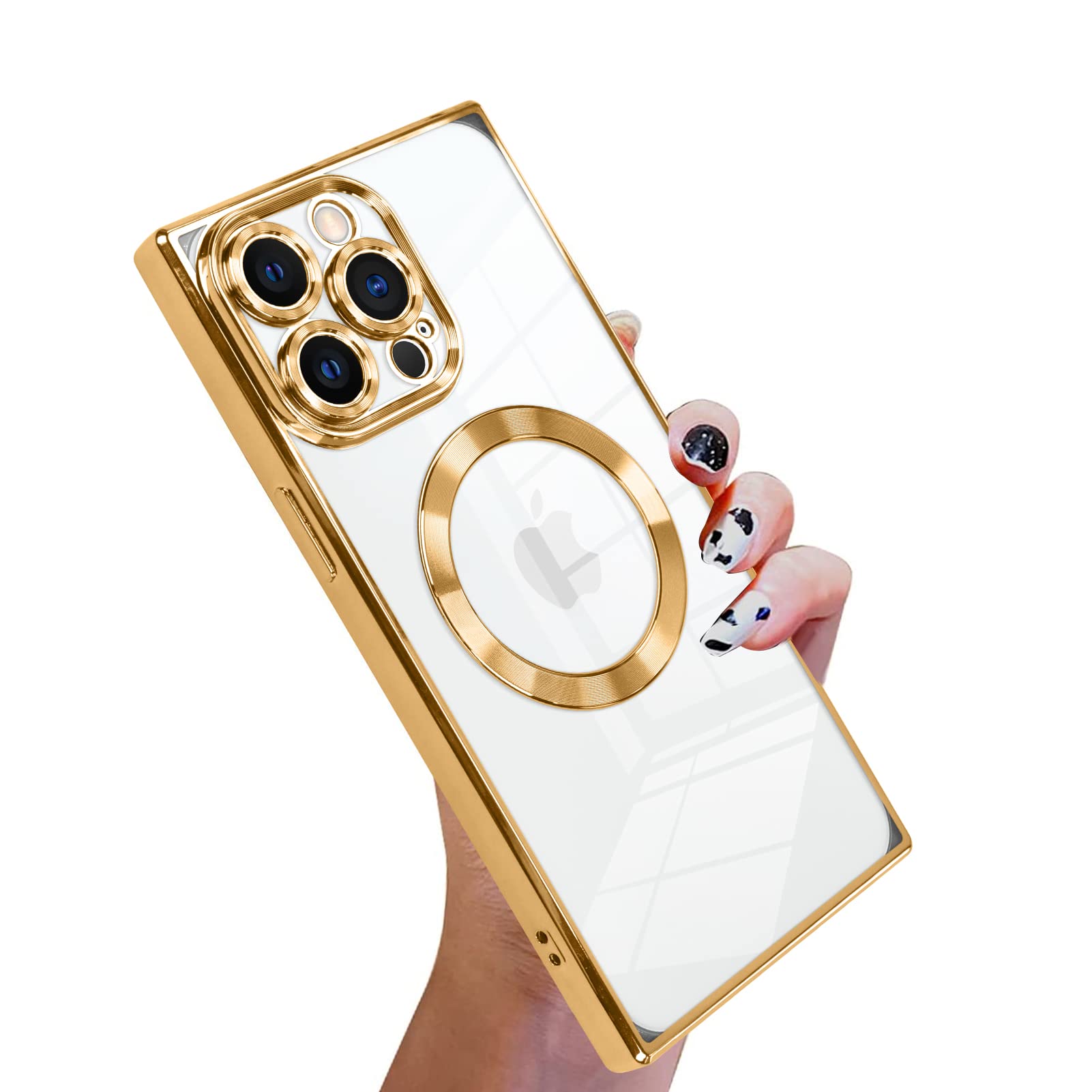 KANGHAR Case Designed for iPhone 14 Pro Max Case Magnetic Clear with Camera Lens Protector[Compatible with MagSafe] Luxury Cute Plating Design