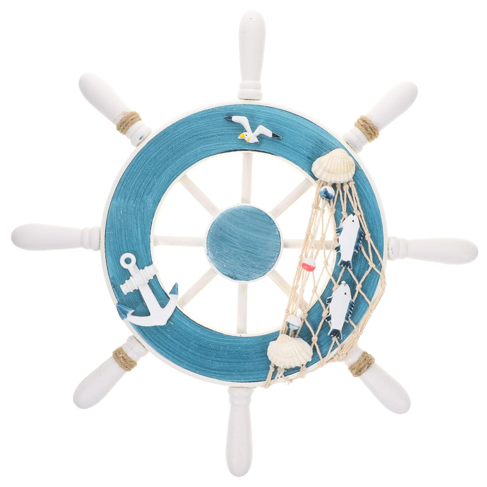 Amosfun 32CM Wall Wood Ornament Mediterranean Style Hanging Rudder Ornament Nautical Ship Wheel Wall Decoration for Home Cafe