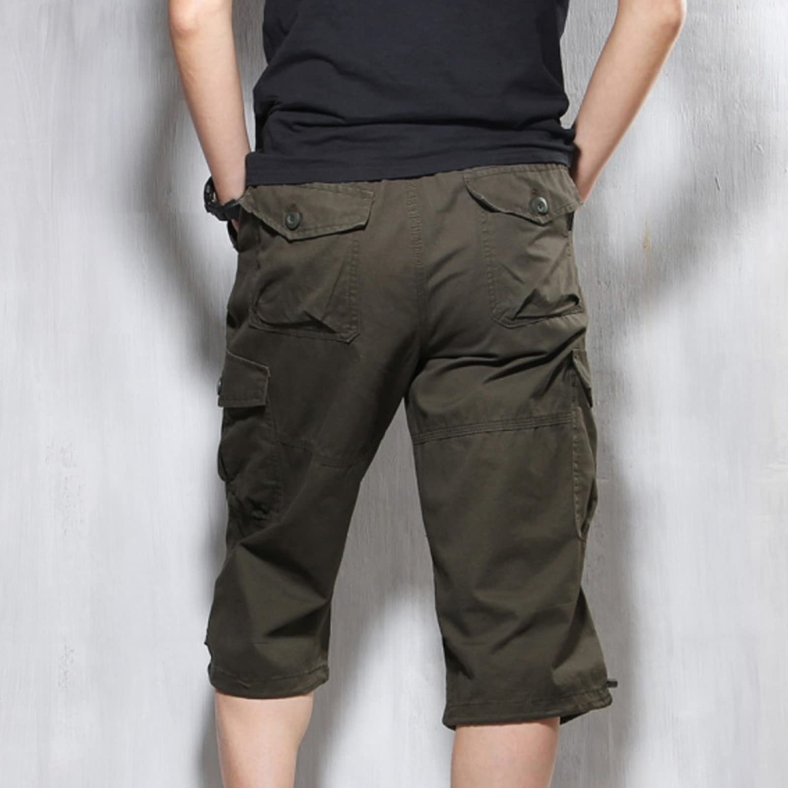 Maiyifu-GJ Men's 3/4 Long Cargo Shorts Loose Fit Below Knee Tactical Capri Short Relaxed Fit Short Pants with Multi Pockets (ArmyGreen,Medium)