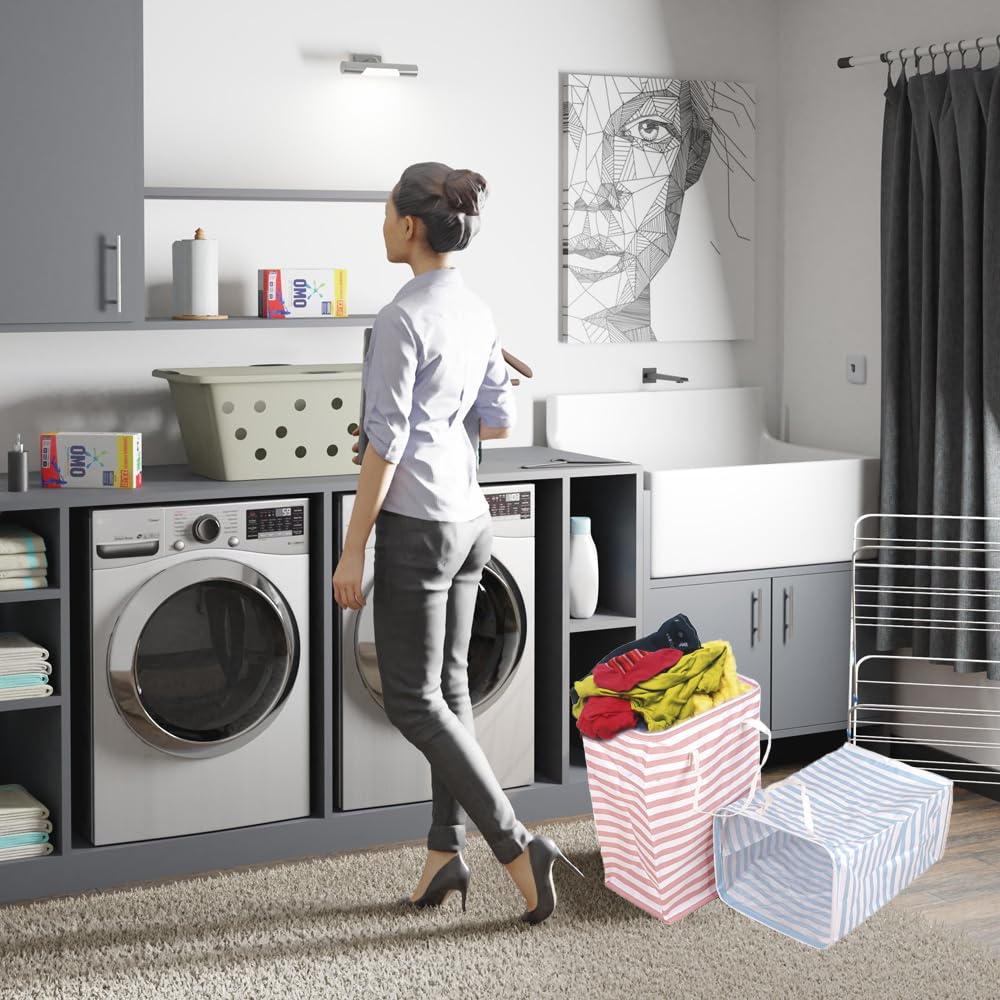 Kaxich 3er Pack 75L freistehender Wäschekorb, Faltbare großer Wäschekorb Wäschesammler mit langen Seil Griffen für Schlafzimmer Badezimmer (Grau, Grün, Rosa)