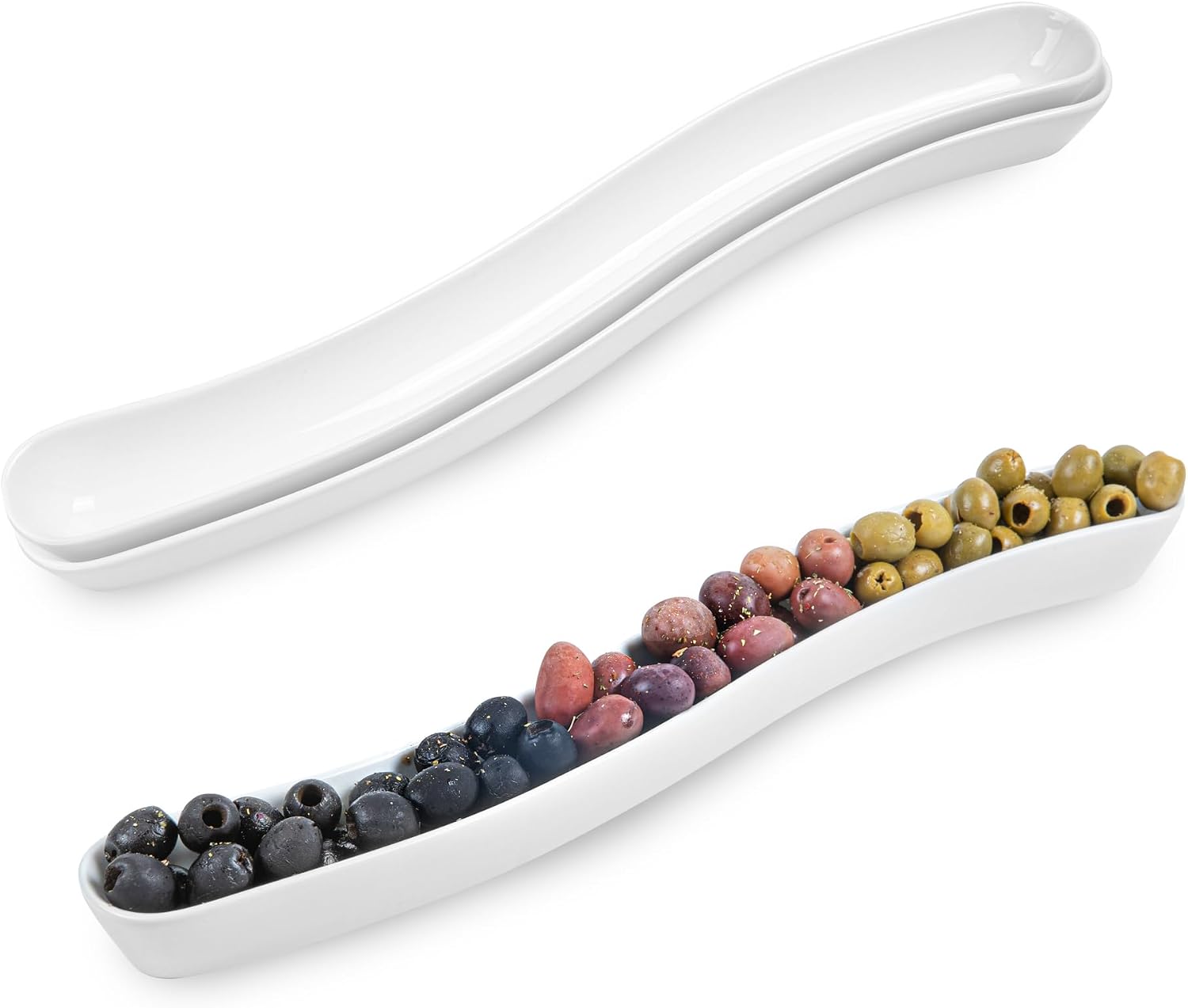 Restaurantware Swerve 14 Ounce Olive Plate 1 Curved Olive Tray - Small Chip Resistant White Porcelain Olive Canoe Dishwasher Safe For Snacks Condiments Or Appetizers