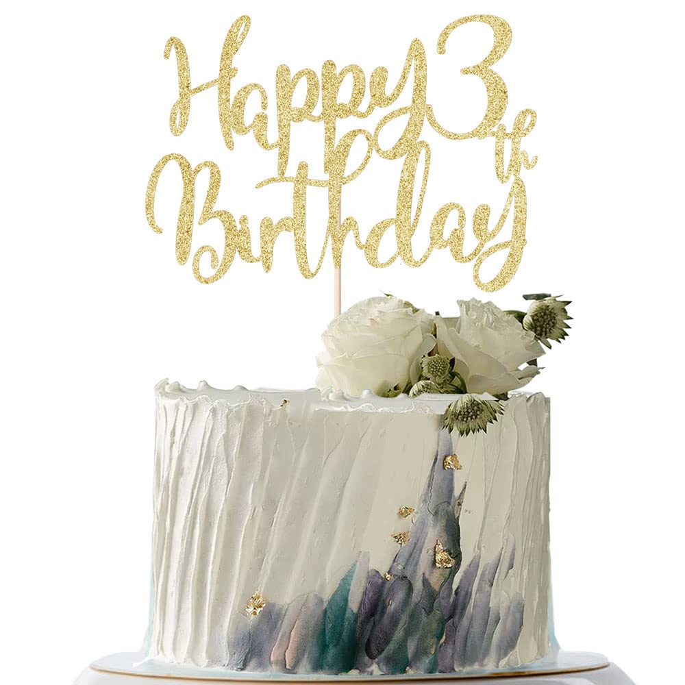 Handmade Glitter happy birthday 3 Cake Topper, Three Happy Birthday Cake Bunting Decor,3th Birthday Party Decoration Supplies (Gold)