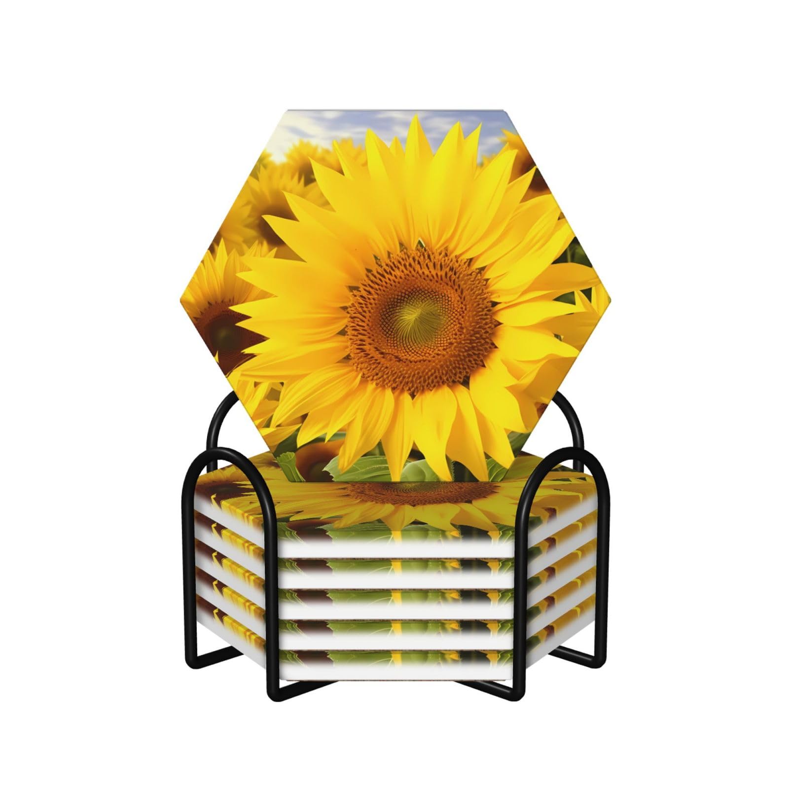 6Pcs Ceramics Coaster for Drinks, Sunflowers Cup Coasters with Holder, Aesthetic Drink Coasters for Coffee Table, Absorbent Round Coaster for Tabletop Protection 4" Cup Mat Pad