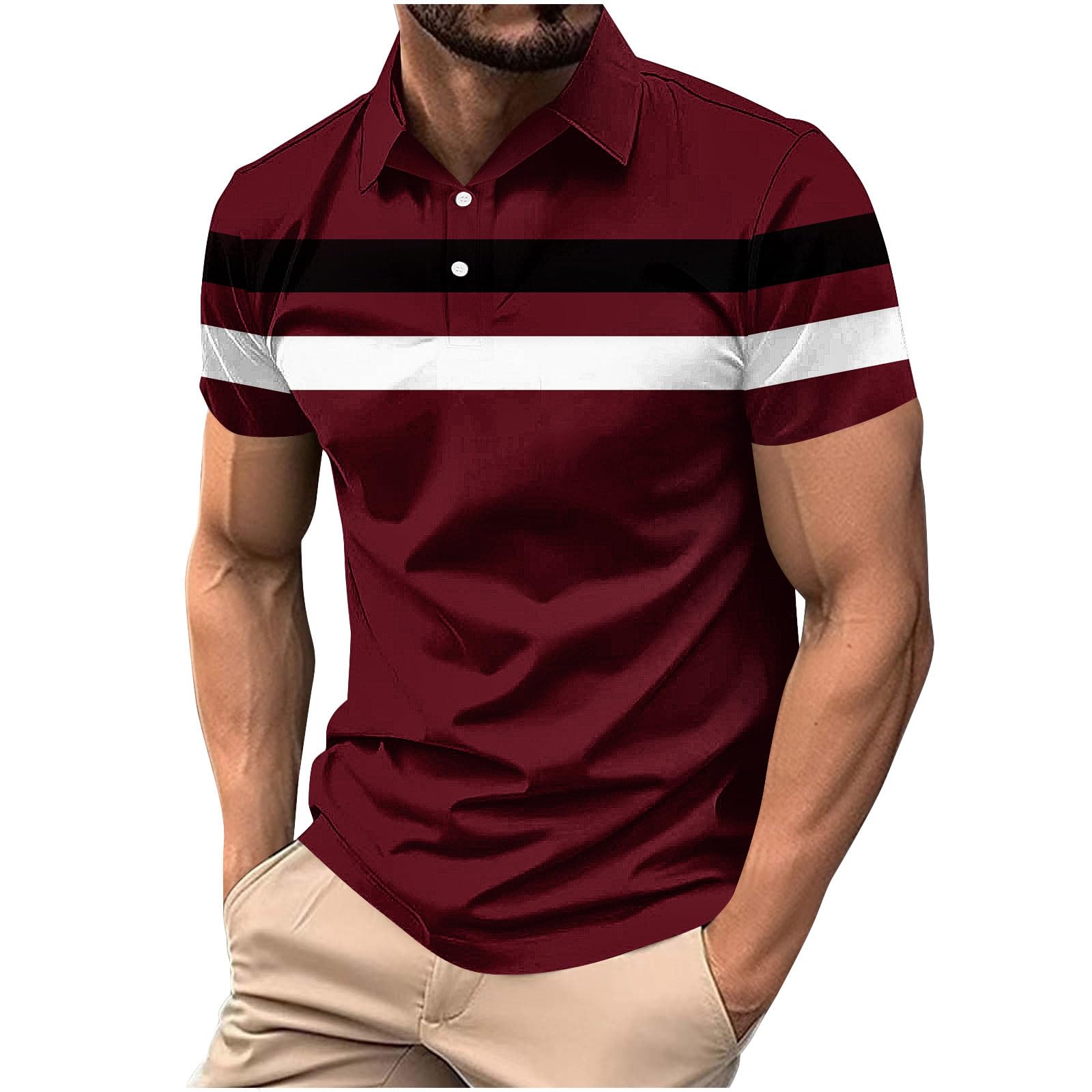 Men Casual Business Polo Shirts 2025 Color Block Short Sleeve Henley Shirt Classic Striped Slim Fit Golf Work Tops