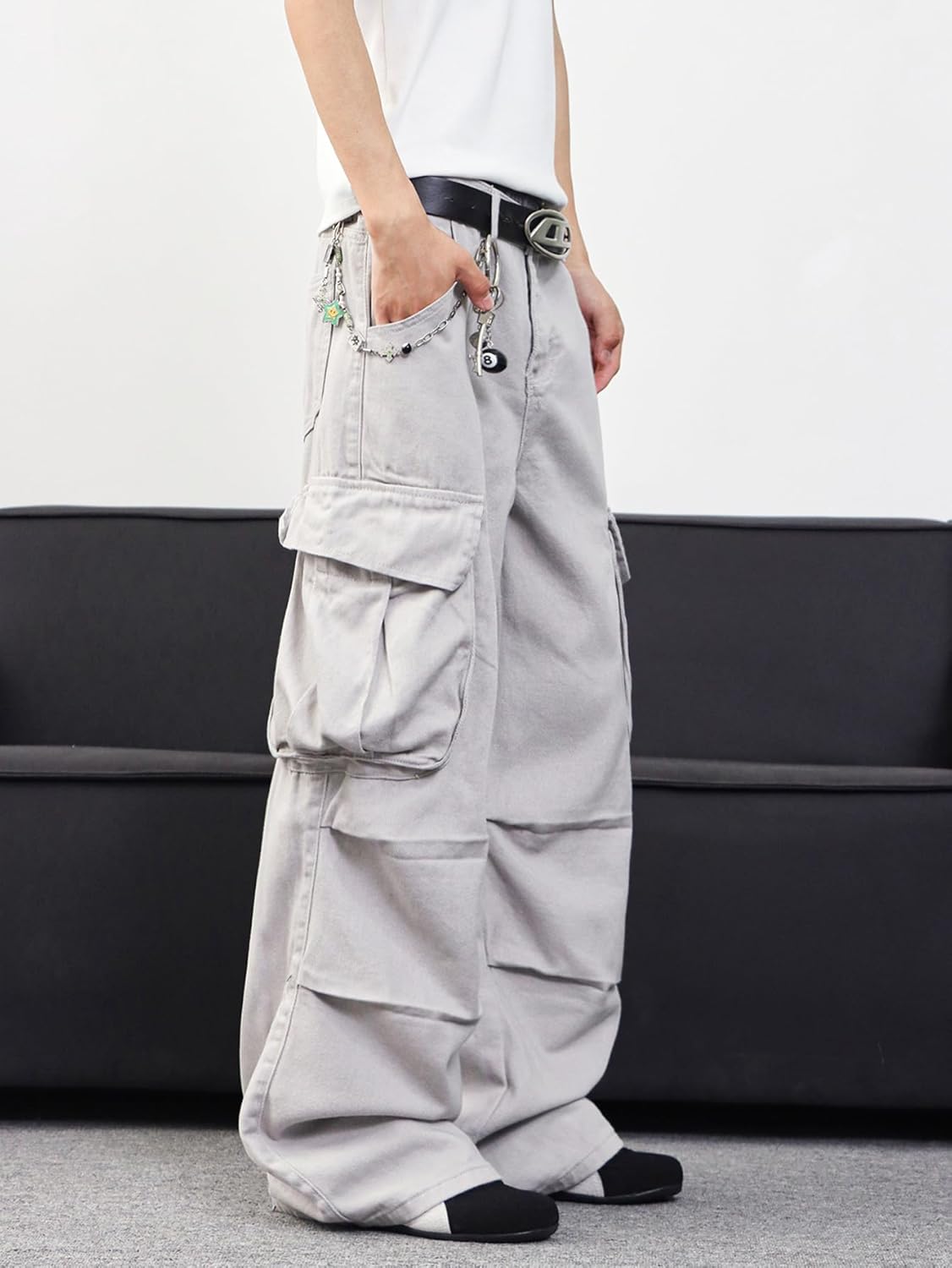 Mens Denim Baggy Pants with Cargo Pockets Mid Weight Casual Streetwear Wide Leg Jeans Hip Hop Skater Trousers - Image 3