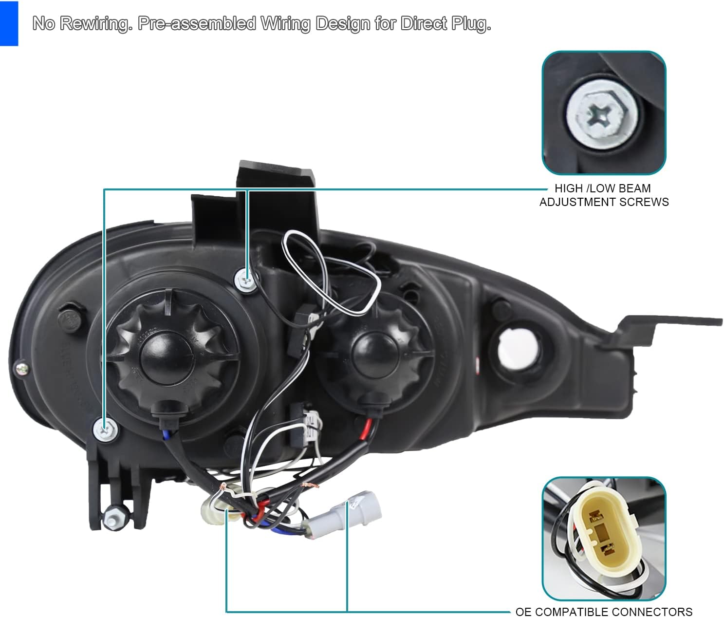 SPEC-D TUNING Black Smoke LED Dual Halo Projector Headlights Compatible with 2001-2005 Mazda Miata MX-5 MX5, Left + Right Pair Headlamps Assembly