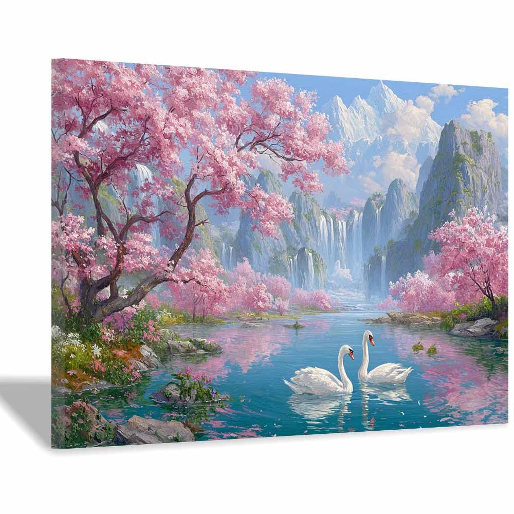 ZAMAEIU Impression sur Toile Paysage Oies du lac au printemps tableaux, arts décoratifs, Convient pour le salon, la salle de bain Décoration murale, etc.(rose)-70x100cm Encadrée