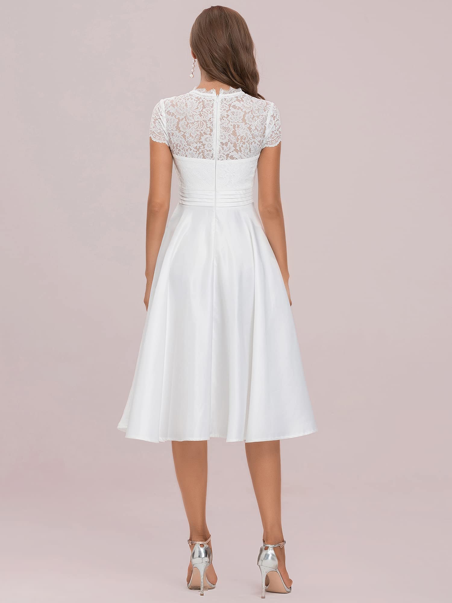 Ever-Pretty Abiti da Damigella Pizzo Maniche Corte Scollo a V Stile Impero Linea ad A Elegante Midi da Donna 40400