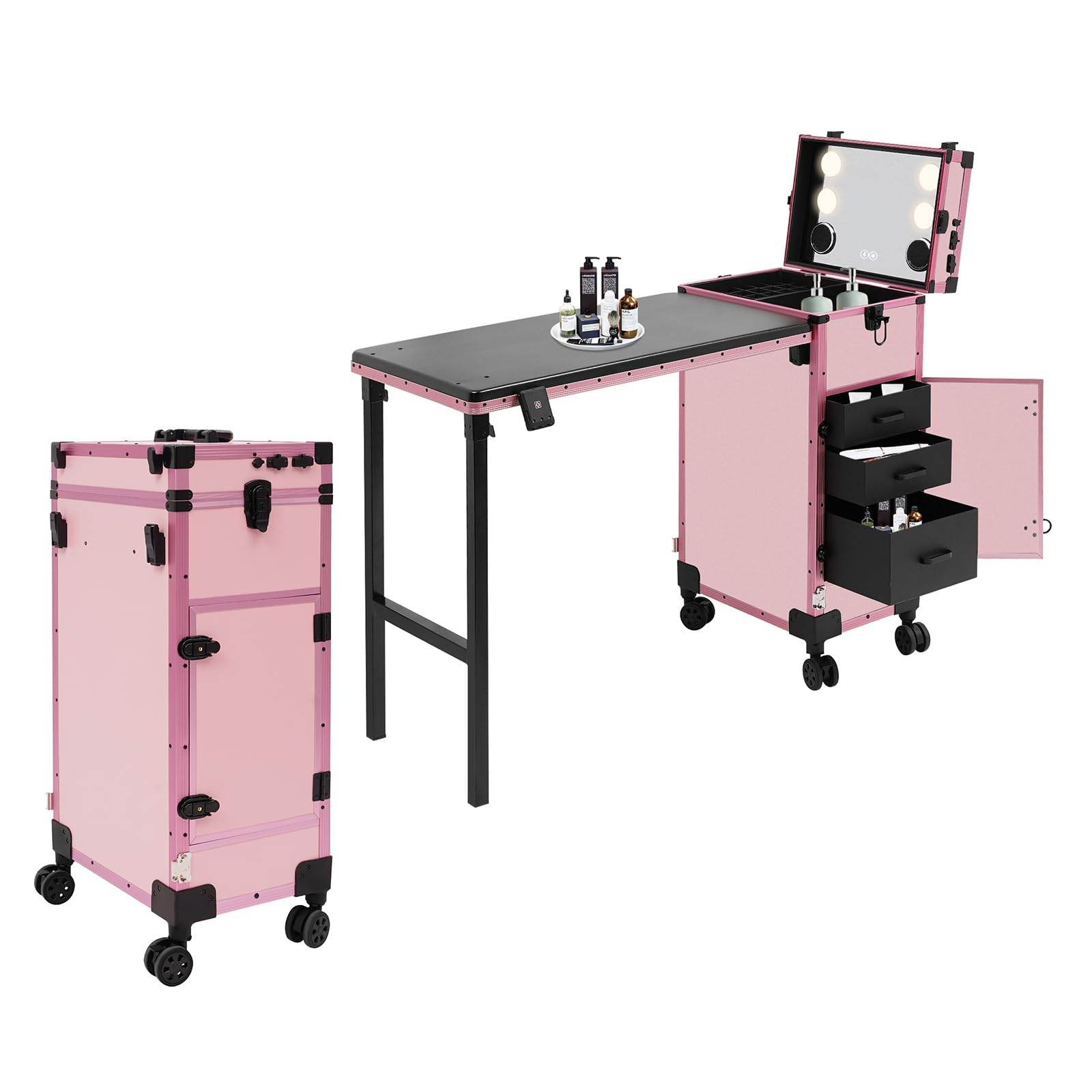 Photo 1 of ***STOCK PHOTO REFERENCE ONLY***sjcdicnj Portable Rolling Manicure Table for Nail Teach, Foldable Traveling Nail Desk w/Storage, Mobile Nail Table w Adjust Light 3 Drawers Storage, Makeup Train Case Cosmetic Trolley (Pink)