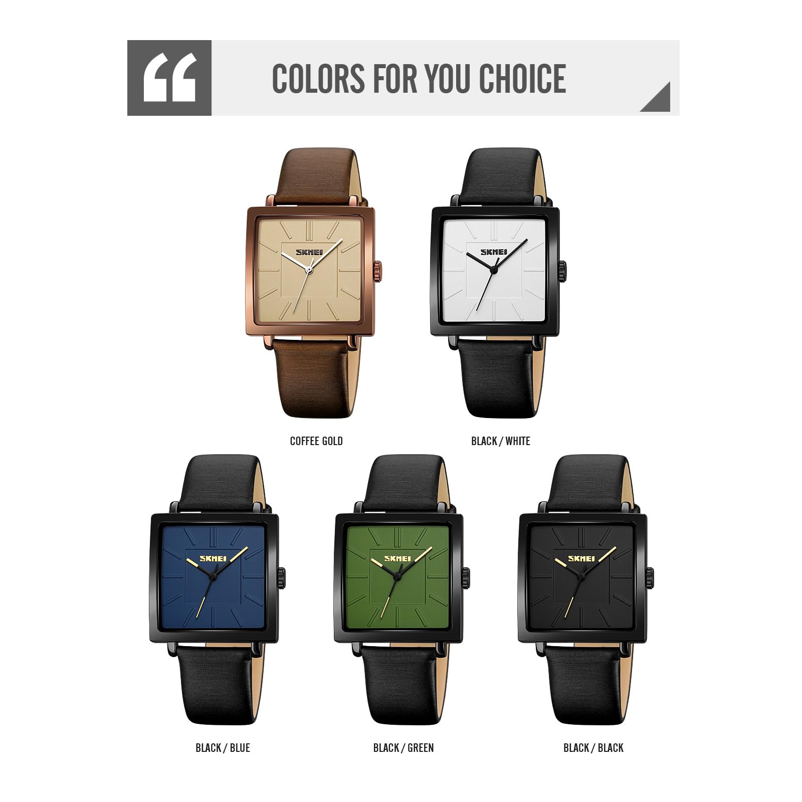Gosasa Montre à quartz carrée unisexe avec bracelet en cuir minimaliste étanche 3 ATM analogique avec boîtier en alliage de zinc, design classique décontracté pour homme et femme