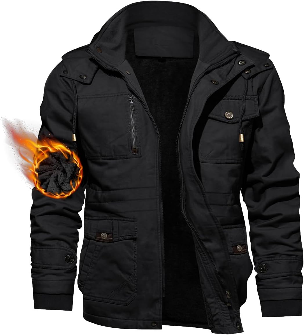 Men's Jacket-Casual Winter Cotton Military Jacket Standard Length Thicken Hooded Cargo Coat
