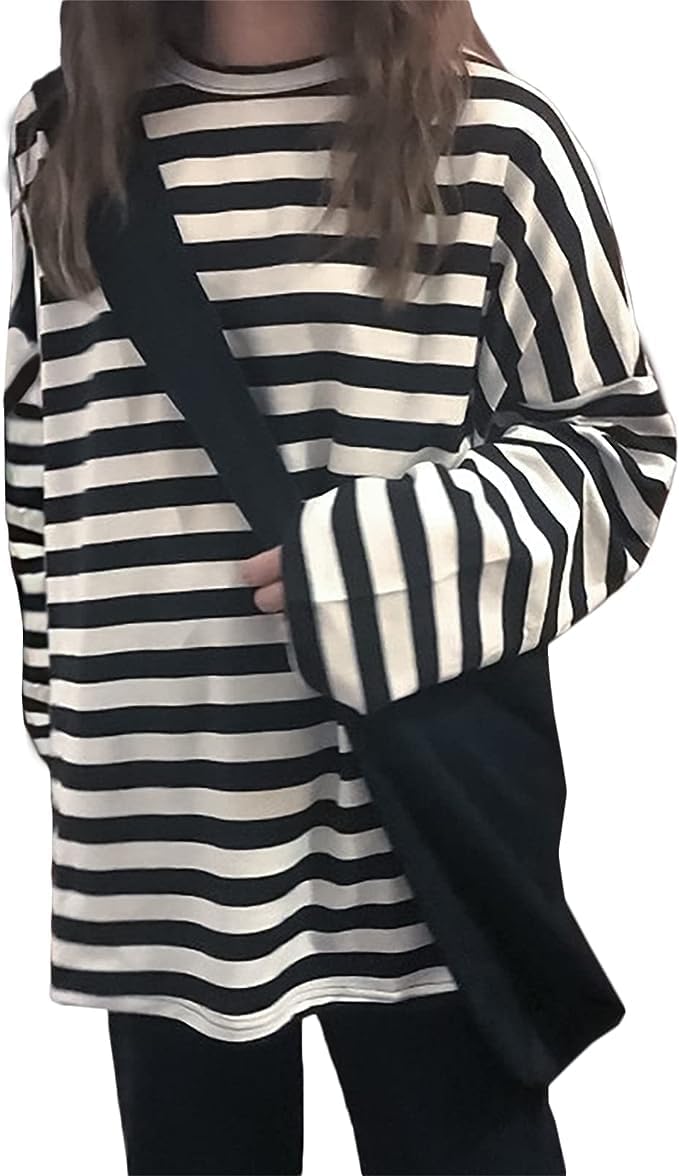 Chvity Womens Harajuku Long Sleeve Oversized T Shirts for Women Casual Crewneck Color Block Stripe Tops